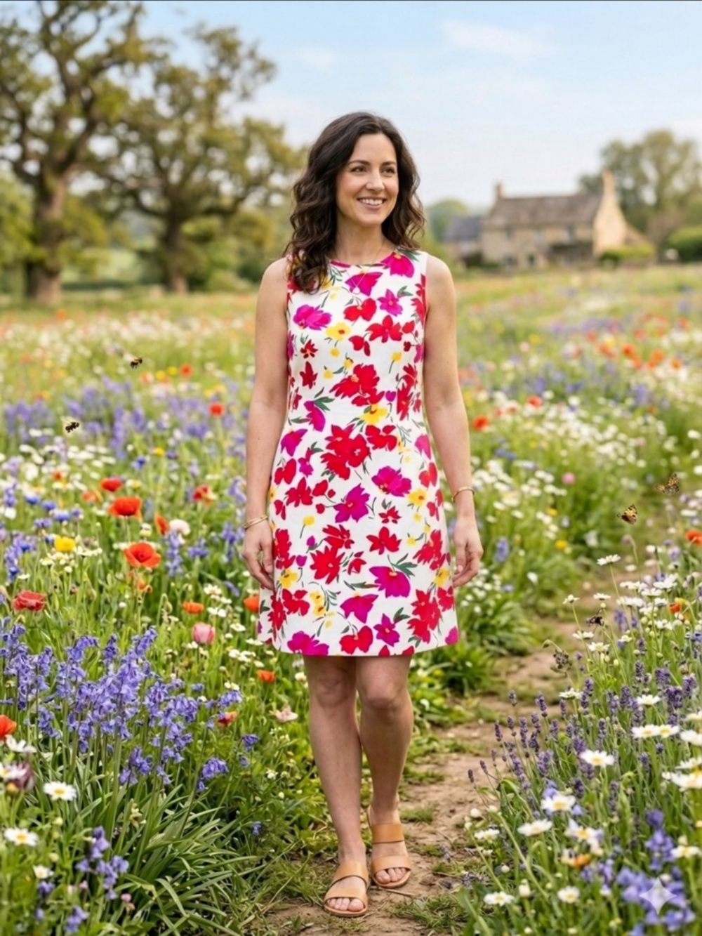 Claude René Chic Vintage Floral Midi Dress - Red and Yellow Made in USA. ICONIC!